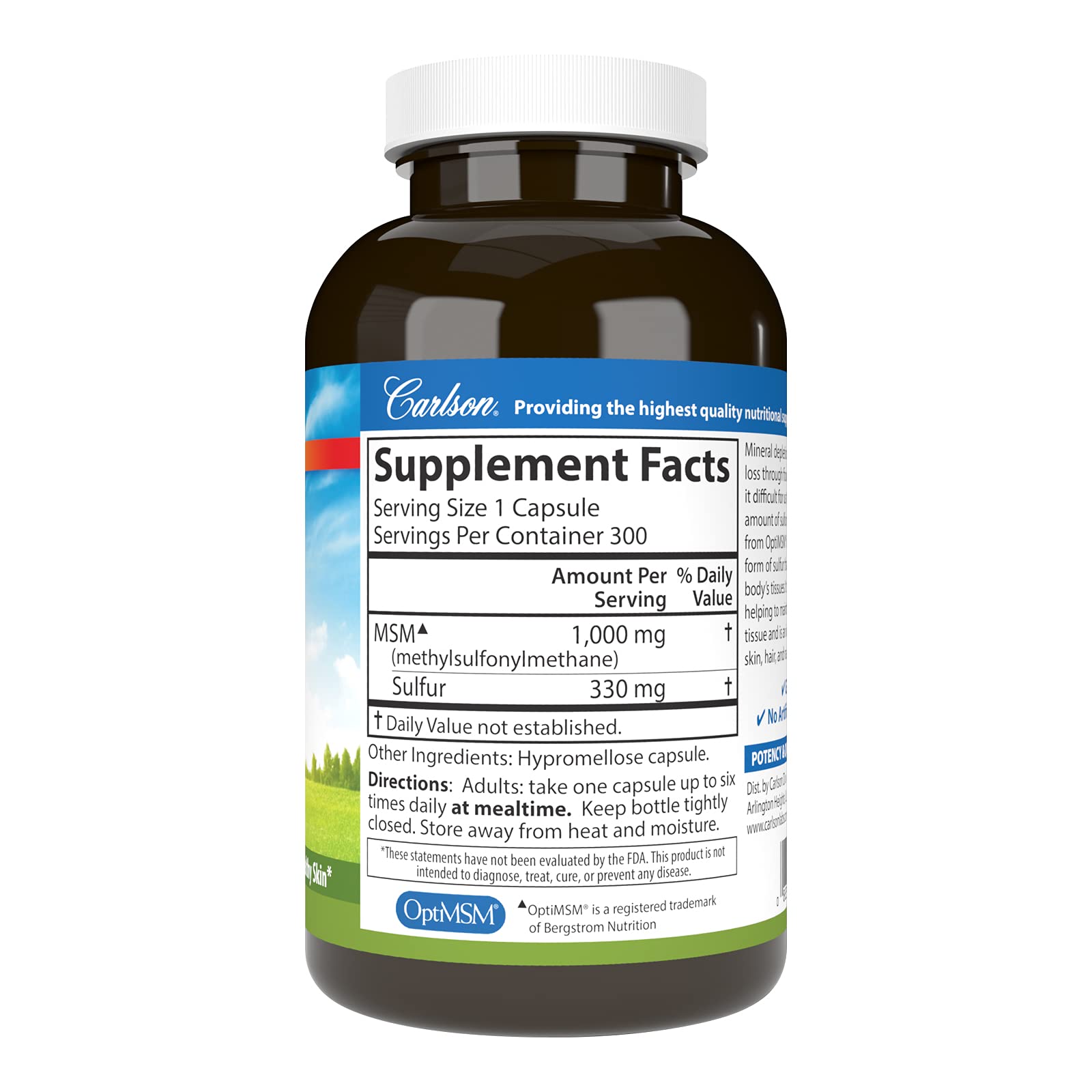 Close-up of Carlson MSM sulfur capsules highlighting easy daily use.