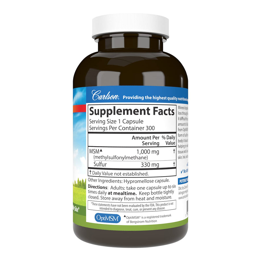 Close-up of Carlson MSM sulfur capsules highlighting easy daily use.