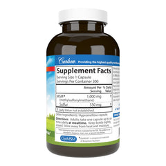 Close-up of Carlson MSM sulfur capsules highlighting easy daily use.
