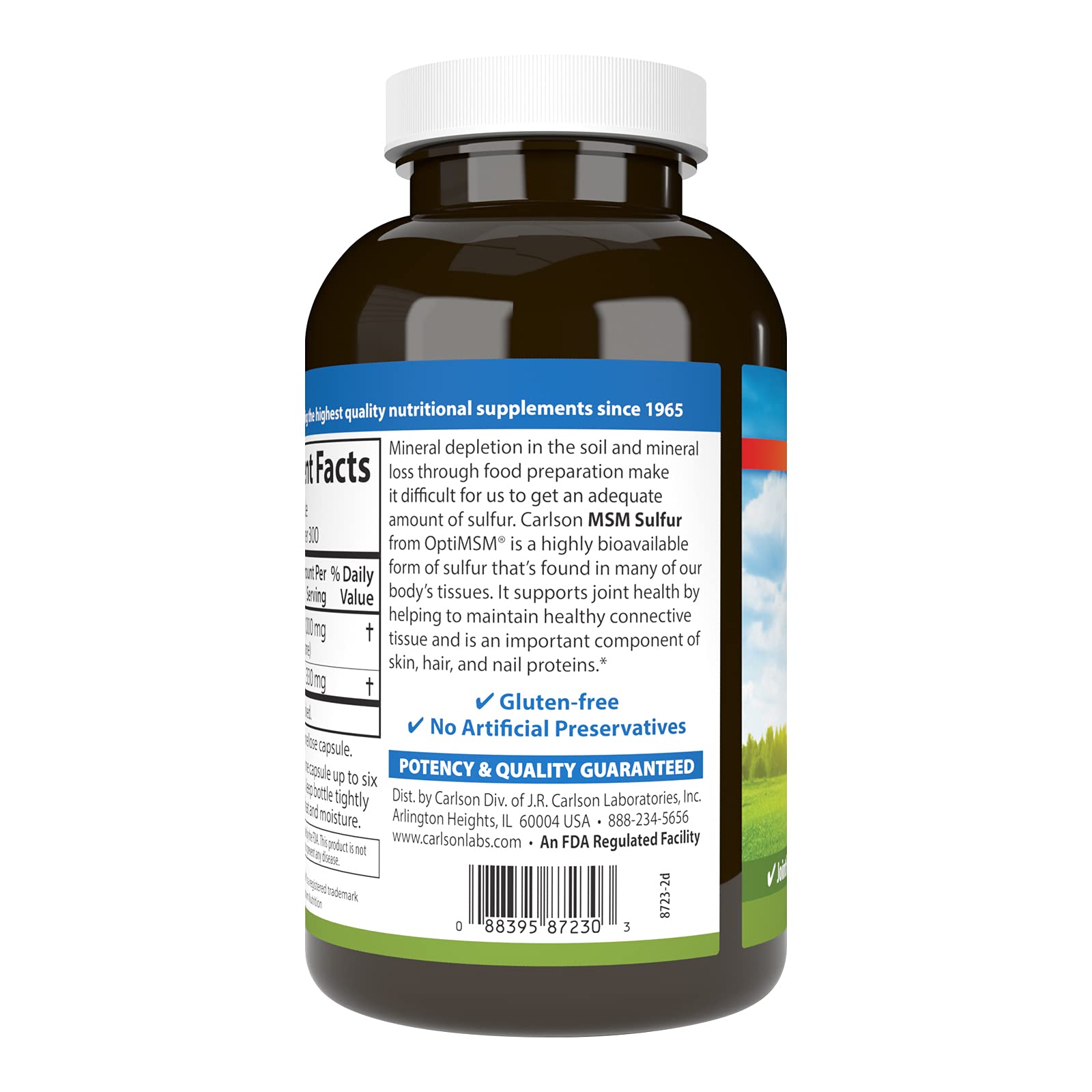 Carlson MSM sulfur USA-made label emphasizes quality and domestic sourcing.