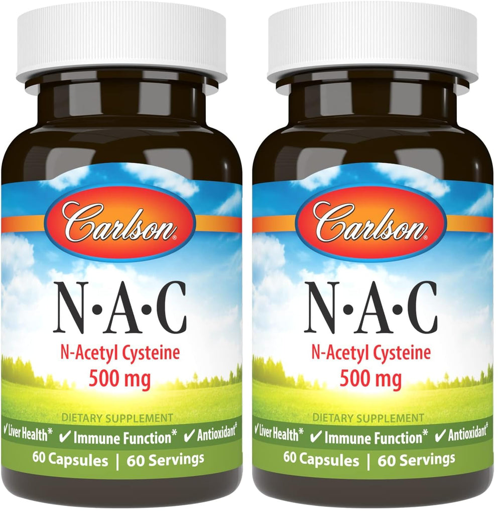 Carlson NAC 500 mg bottle with capsules visible for immune support.