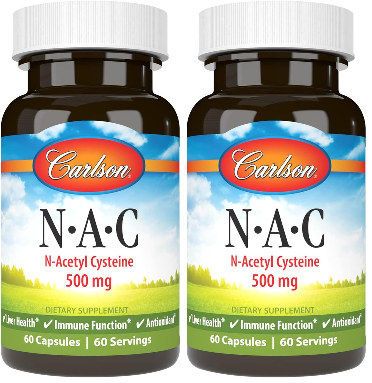 Carlson NAC 500 mg bottle with capsules visible for immune support.