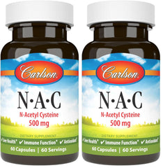 Carlson NAC 500 mg bottle with capsules visible for immune support.