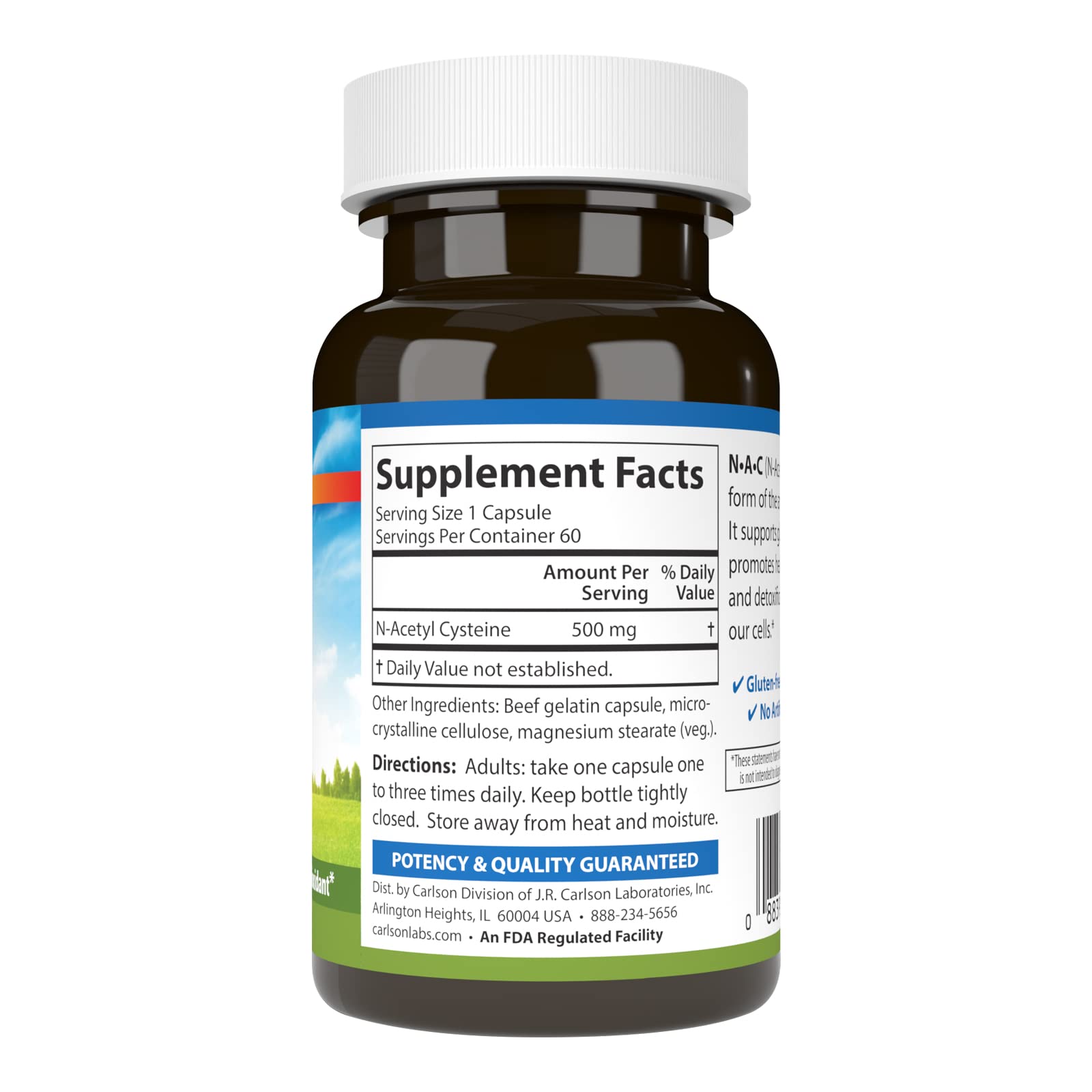 Carlson NAC label shows 500 mg per capsule for daily use.