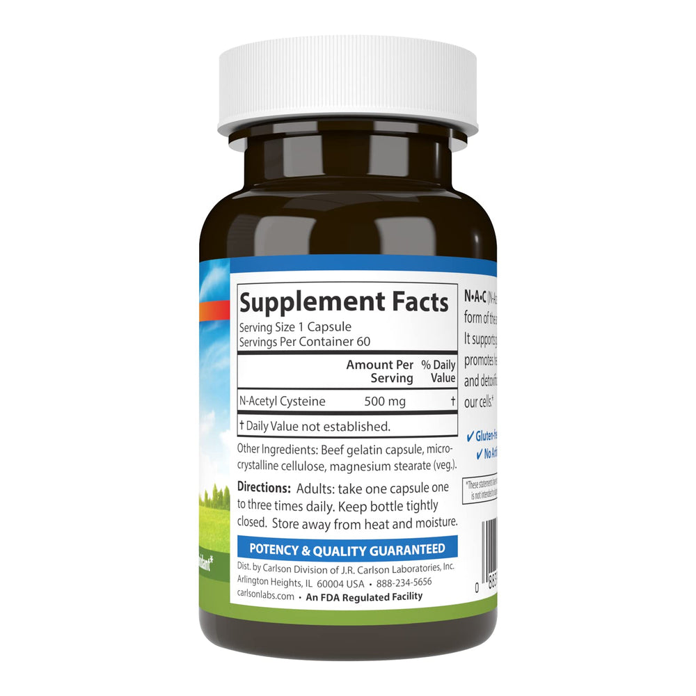 Carlson NAC label shows 500 mg per capsule for daily use.