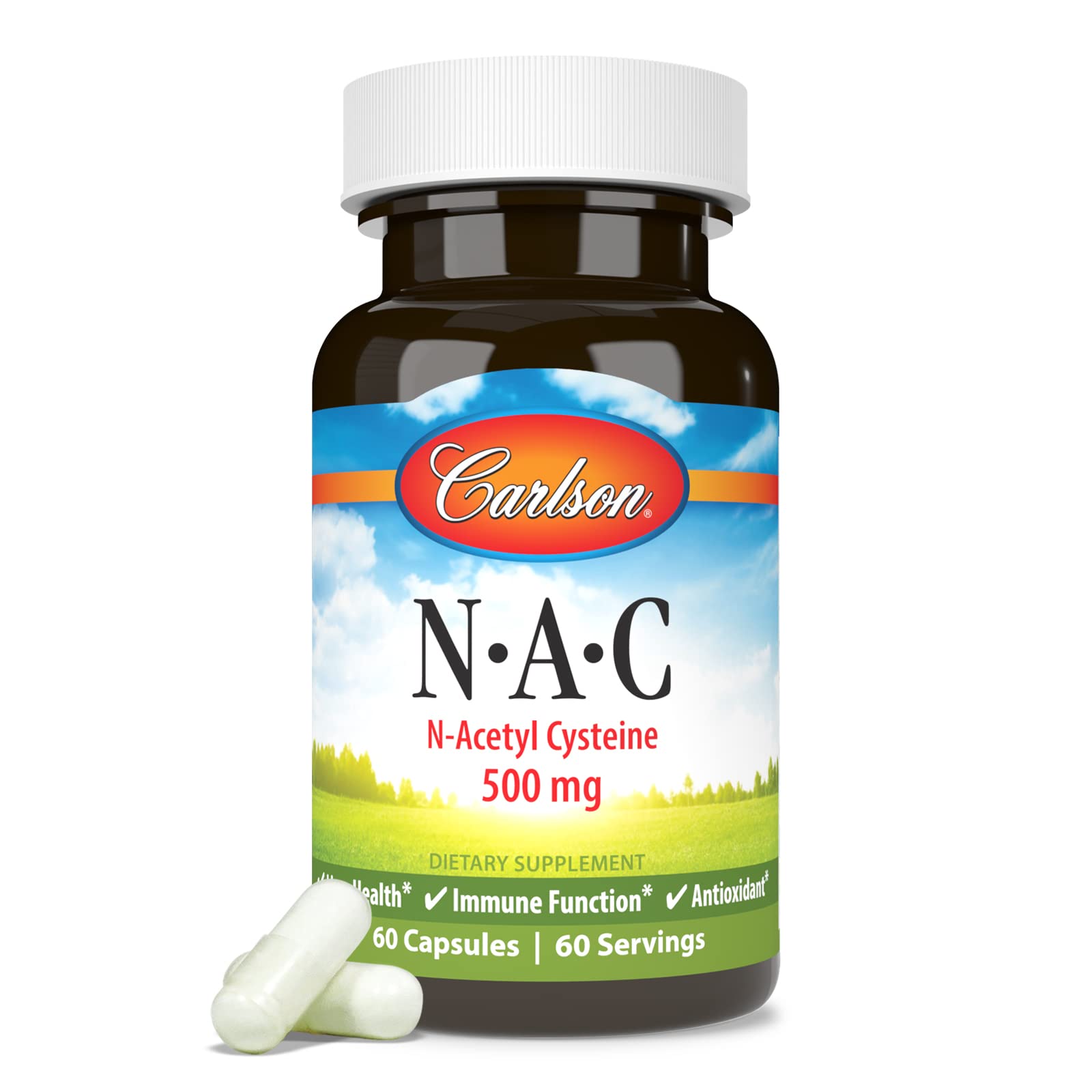Carlson NAC supplement facts panel highlighting ingredients and potency.