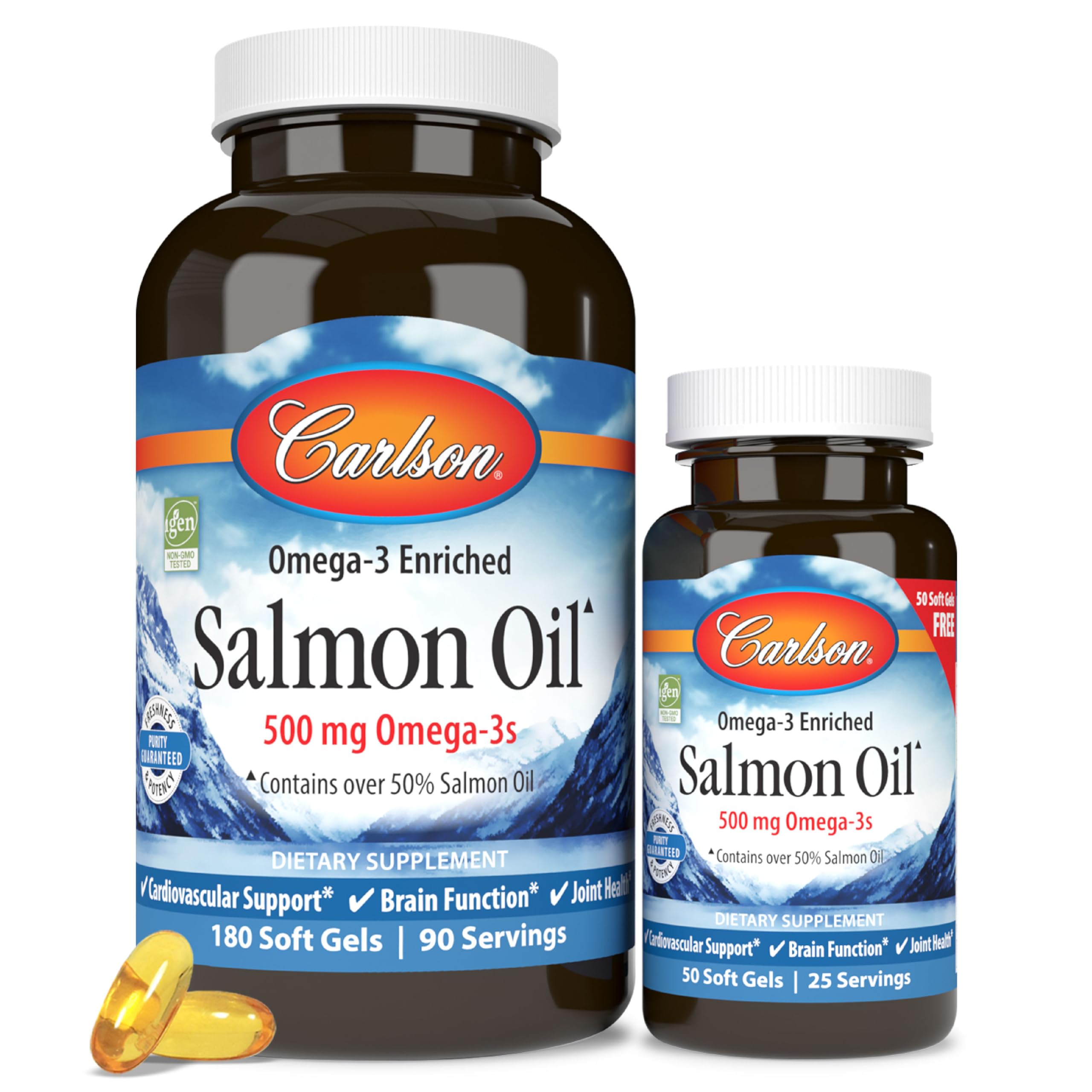 Carlson Norwegian Salmon Oil bottle highlights freshness and purity.