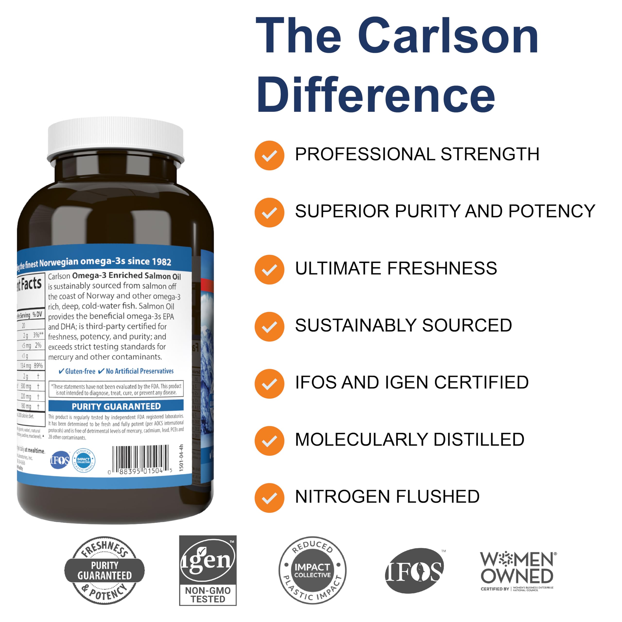 Carlson Norwegian Salmon Oil capsules with softgel texture for easy daily use.