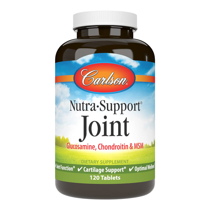 Carlson Nutra-Support bottle front highlighting joint support ingredients for daily comfort.