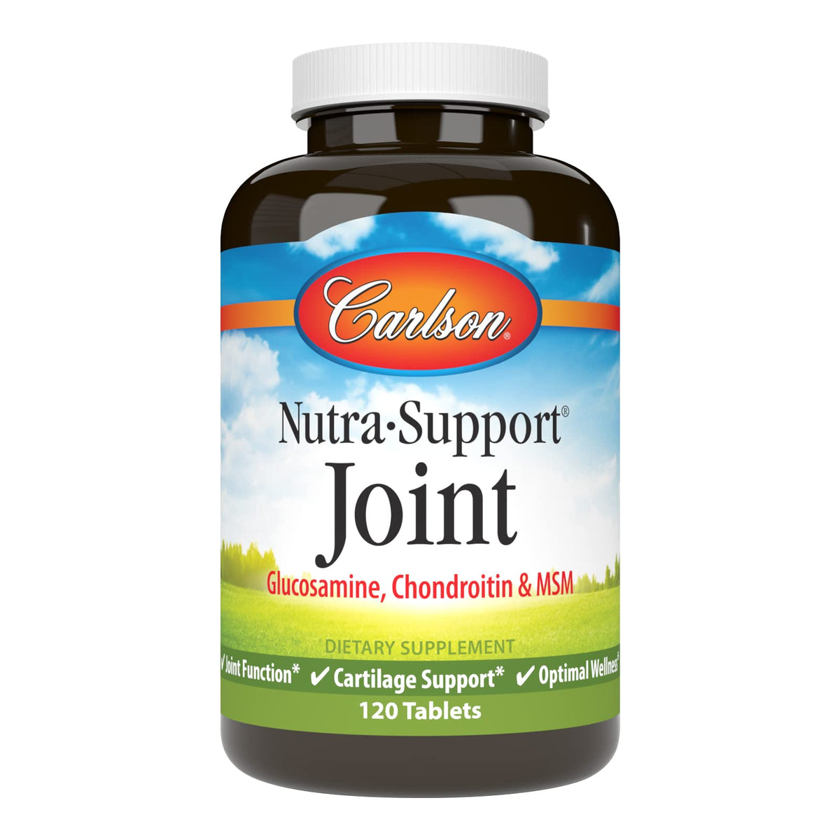 Carlson Nutra-Support bottle front highlighting joint support ingredients for daily comfort.