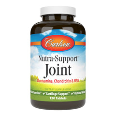 Carlson Nutra-Support bottle front highlighting joint support ingredients for daily comfort.