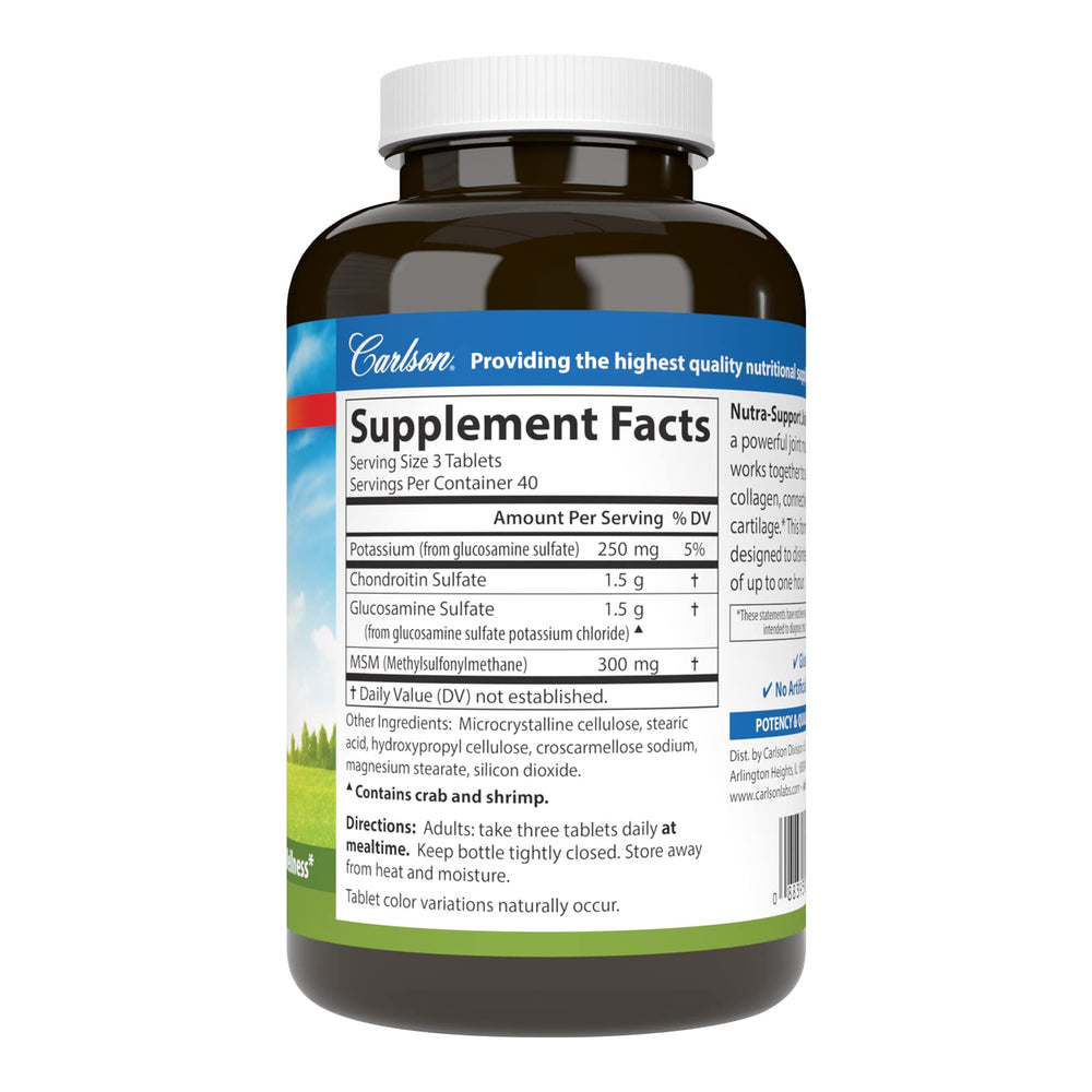 Close-up of capsules showing glucosamine, chondroitin, and MSM for joint nourishment.