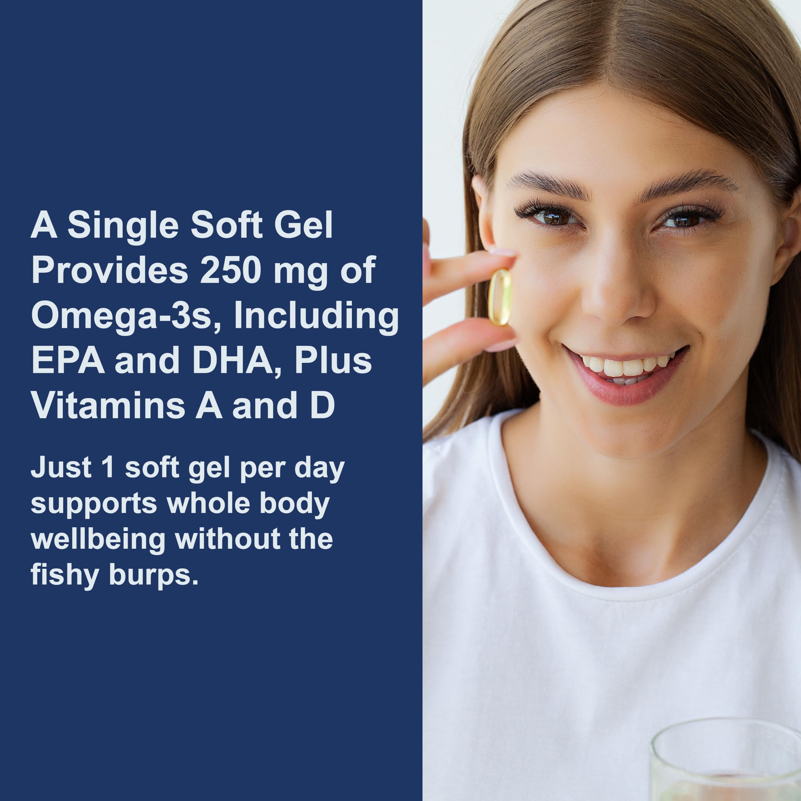 Carlson cod liver oil softgels close-up showing 250 mg omega-3 per softgel