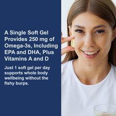 Carlson cod liver oil softgels close-up showing 250 mg omega-3 per softgel