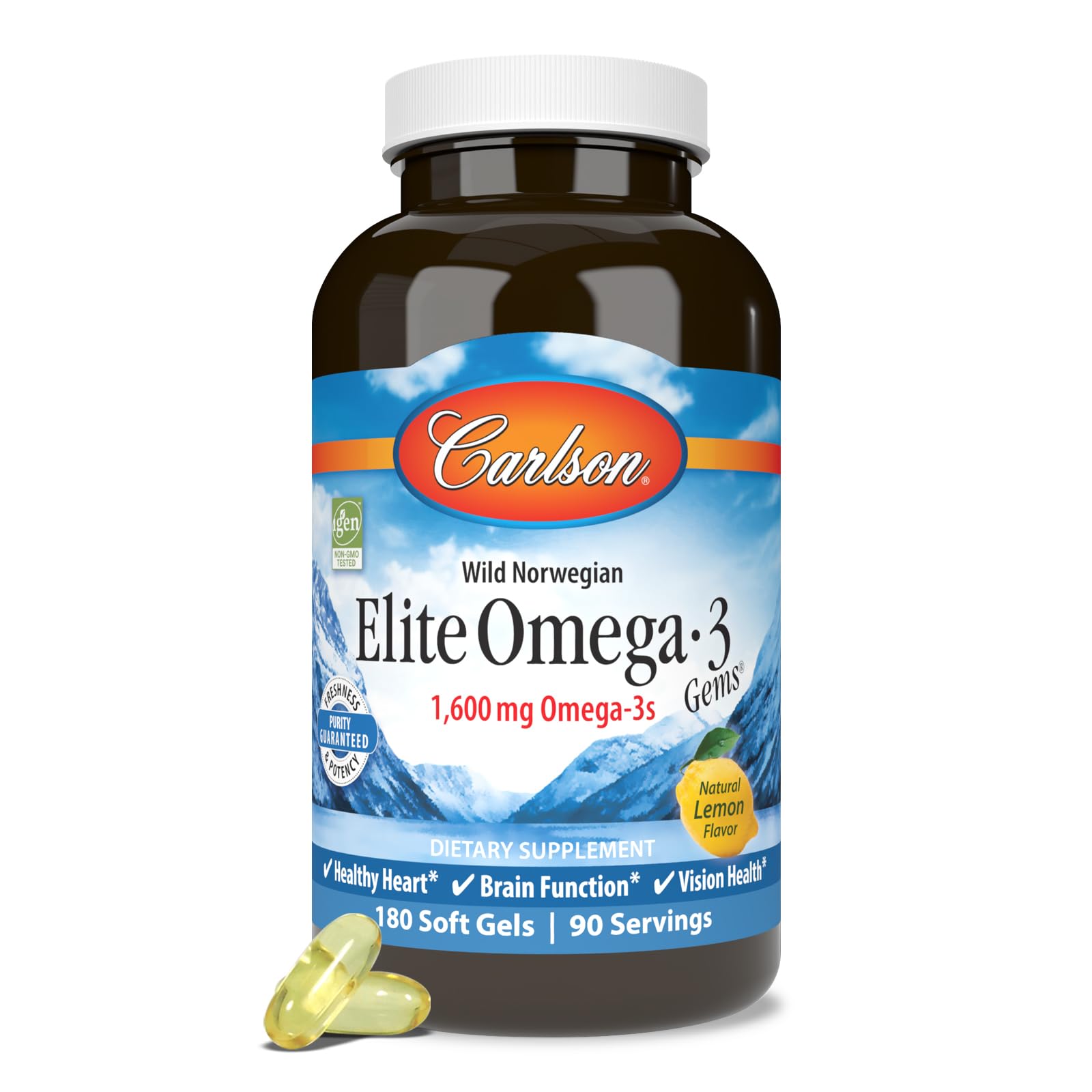 Carlson Omega-3 Gems purity seal suggests freshness and potency.