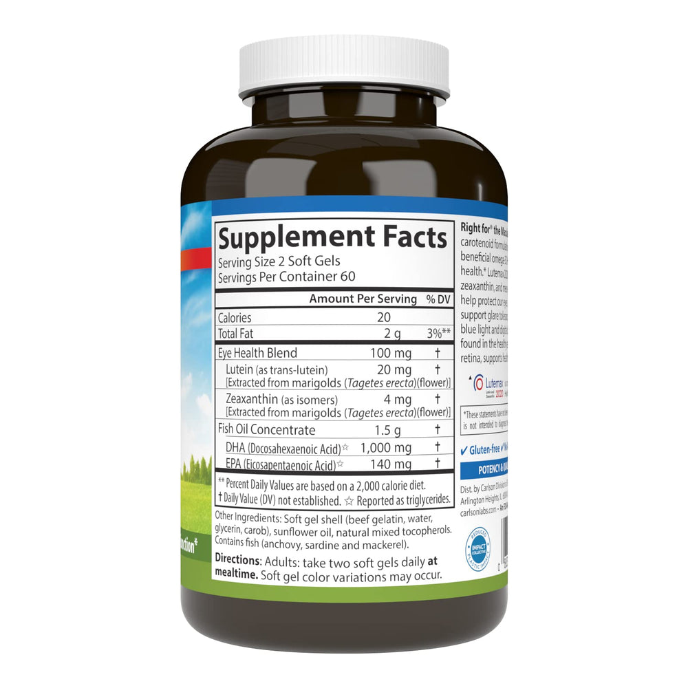 Carlson Right for The Macula bottle label highlights DHA, lutein, and zeaxanthin content for macula health