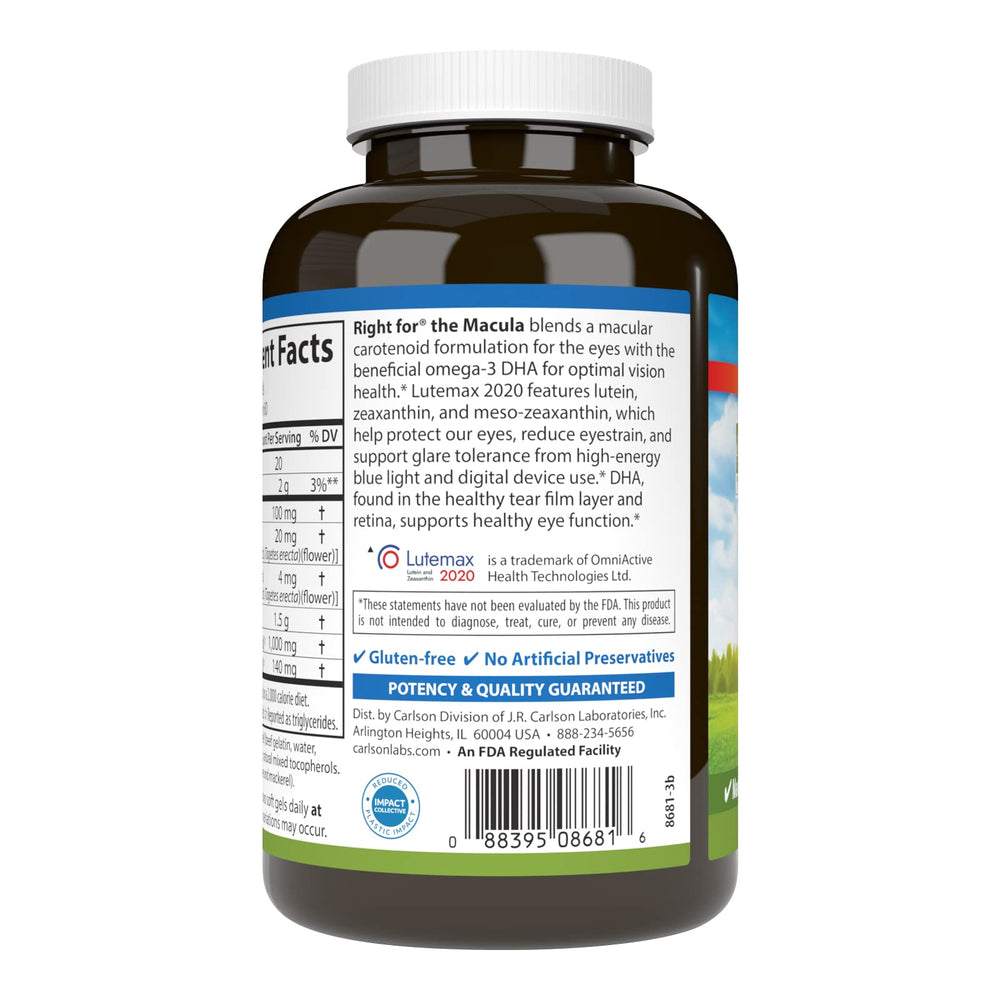 Carlson Right for The Macula capsules close-up emphasizes easy daily softgel intake