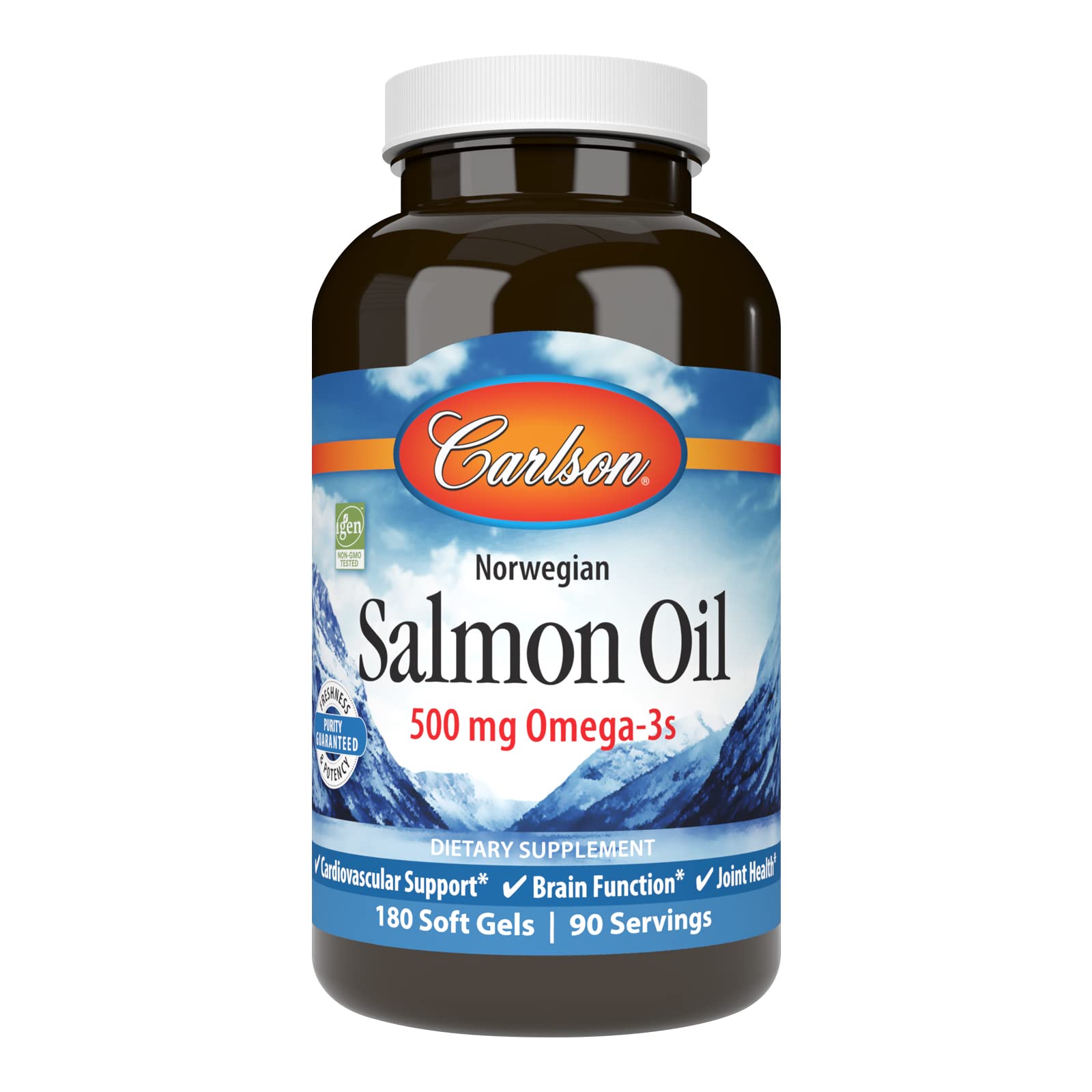 Carlson Salmon Oil bottle front showing omega-3 softgels for daily wellness