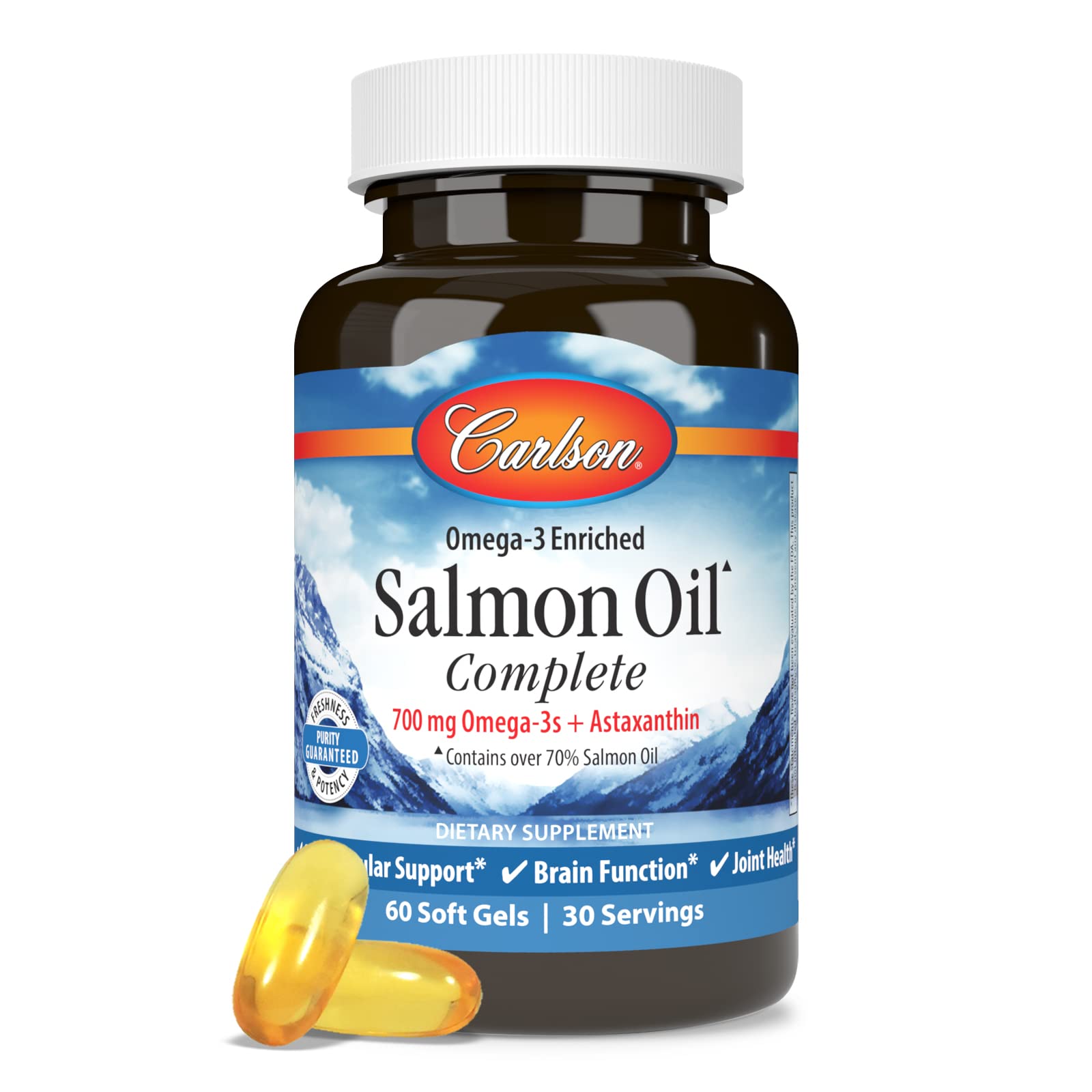 Carlson Salmon Oil Complete astaxanthin detail underscores antioxidant-rich blend.