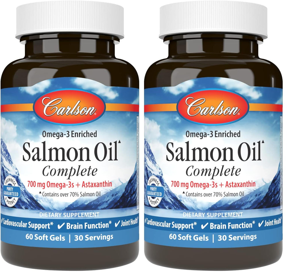 Carlson Salmon Oil Complete bottle cap close-up showing freshness and purity.