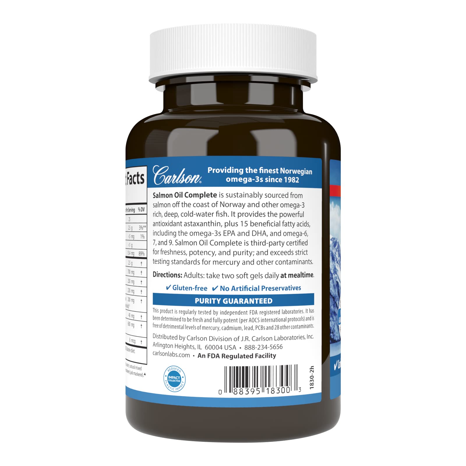 Carlson Salmon Oil Complete label highlights 700 mg omega-3s and astaxanthin.
