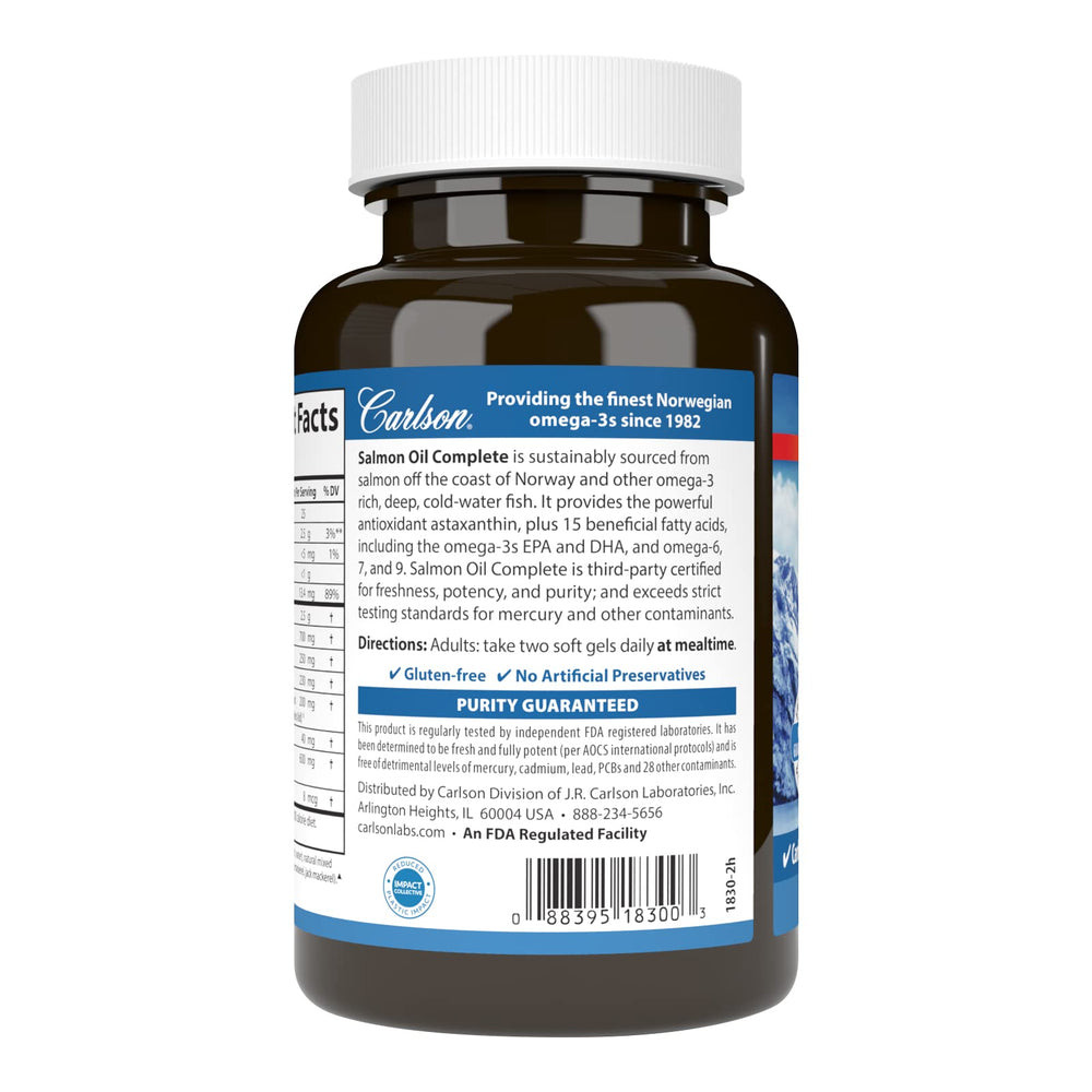Carlson Salmon Oil Complete label highlights 700 mg omega-3s and astaxanthin.