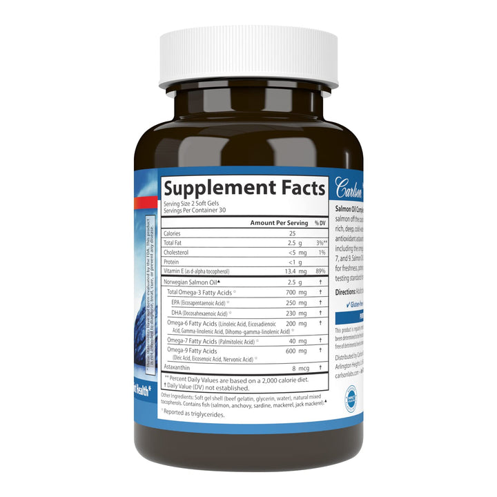 Carlson Salmon Oil Complete softgels ready for daily omega-3 intake.