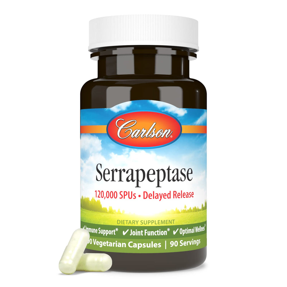 Carlson Serrapeptase capsule close-up emphasizes consistent, timed-release dosing for steadier support.
