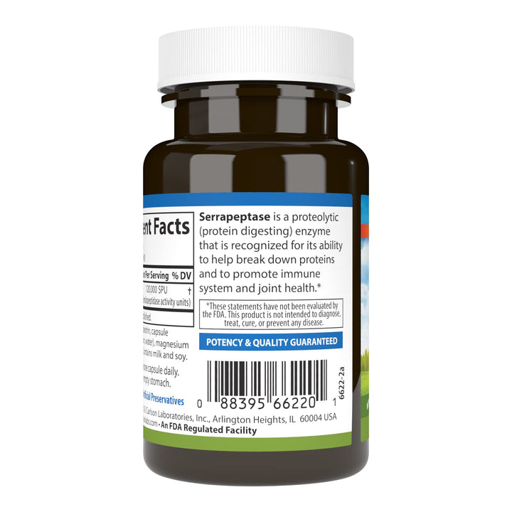 Carlson Serrapeptase ingredient label shows high SPU potency for reliable daily supplementation.