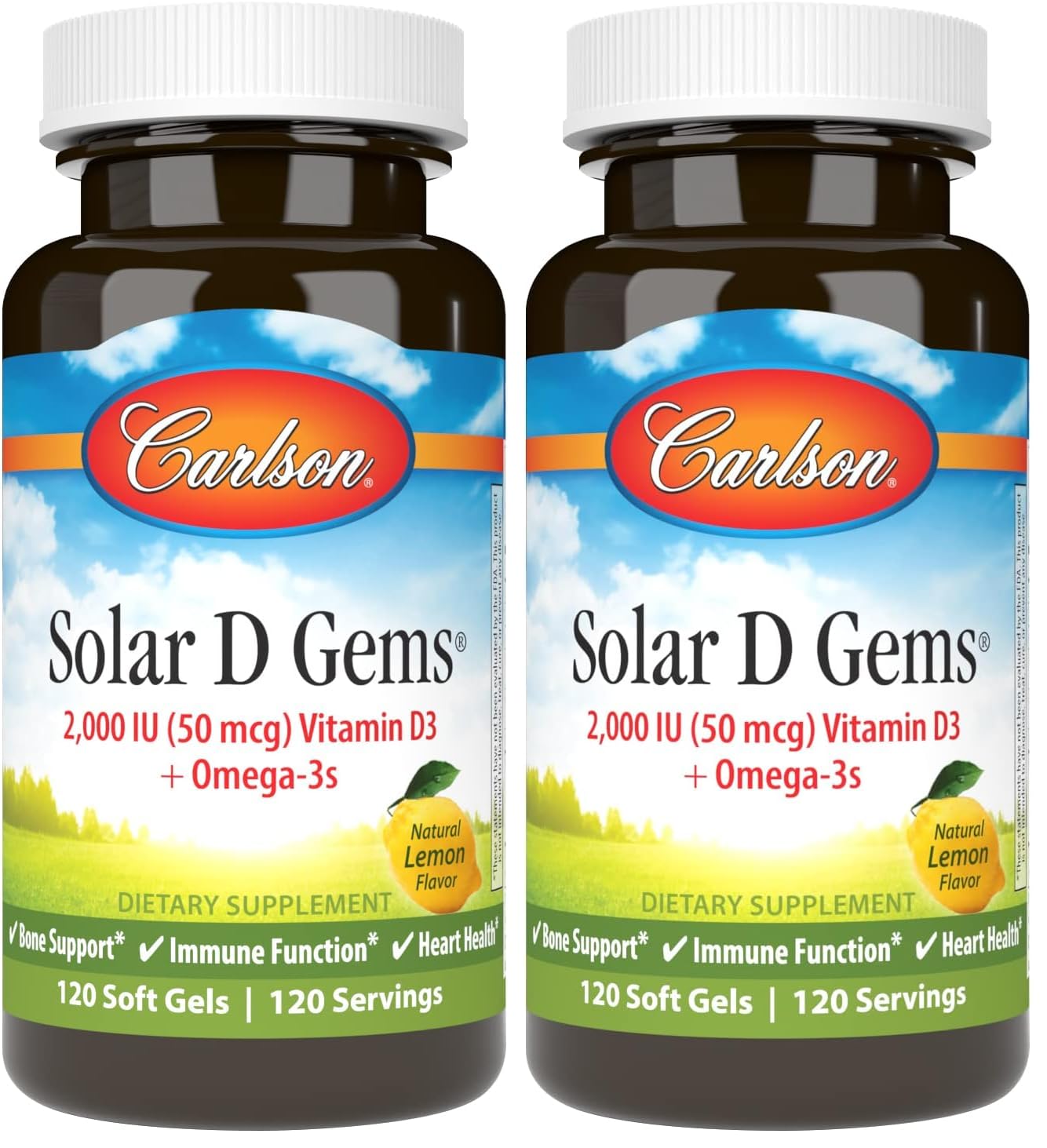 Carlson Solar D Gems bottle front view showing vitamin D3 softgels for daily support.