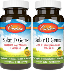 Carlson Solar D Gems bottle front view showing vitamin D3 softgels for daily support.