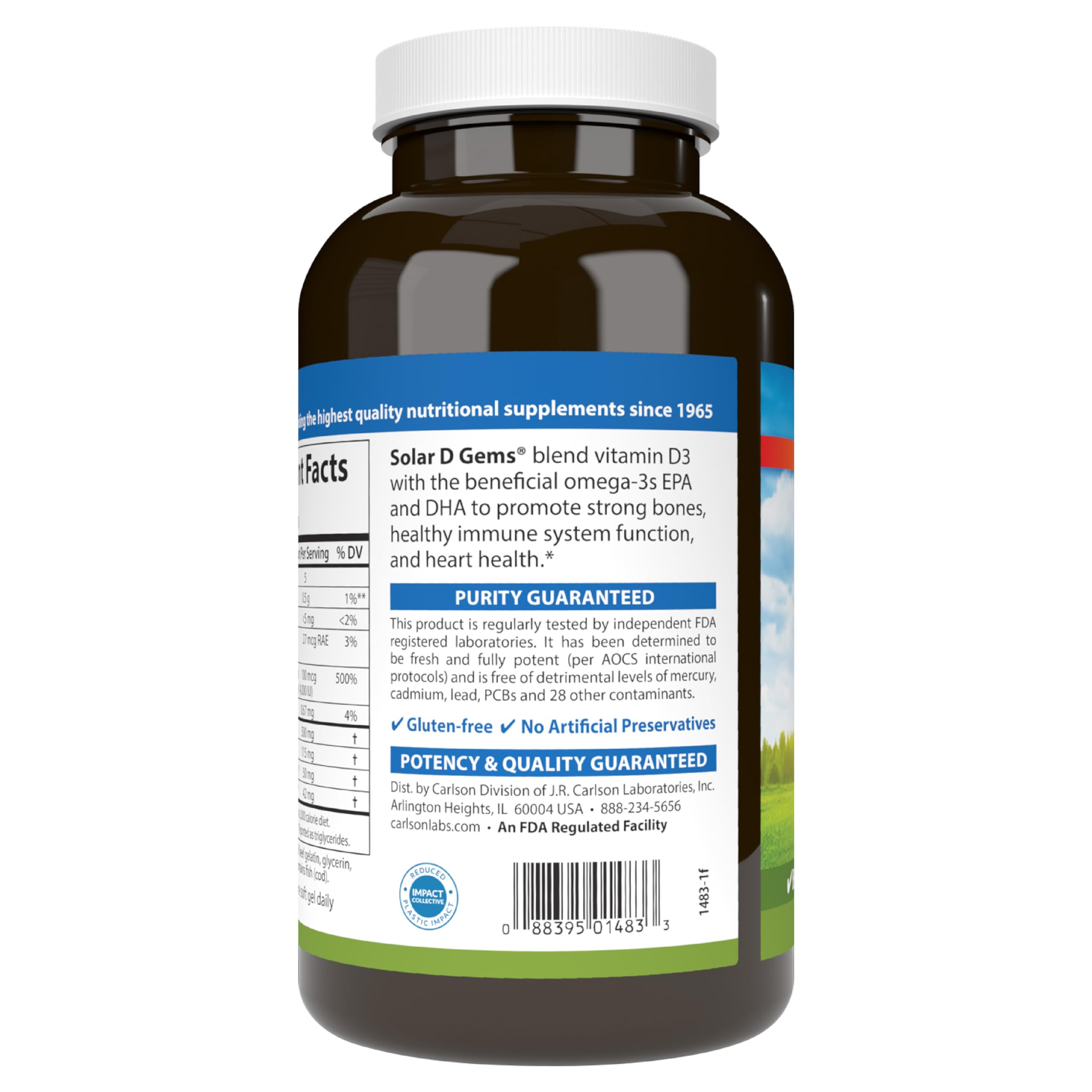 Softgels poured from Carlson Solar D Gems bottle for daily use