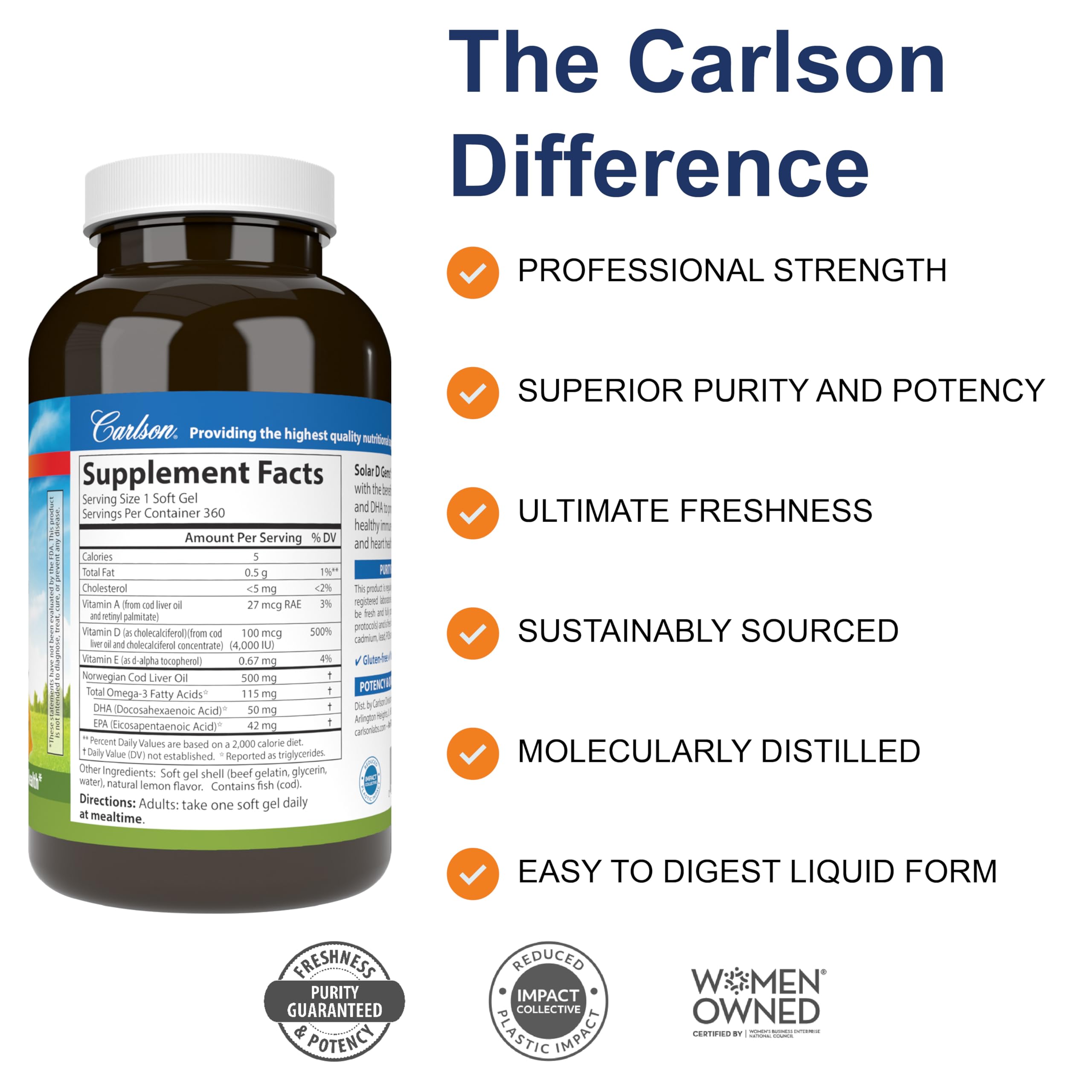 Carlson Solar D Gems label showing D3 and omega-3 content