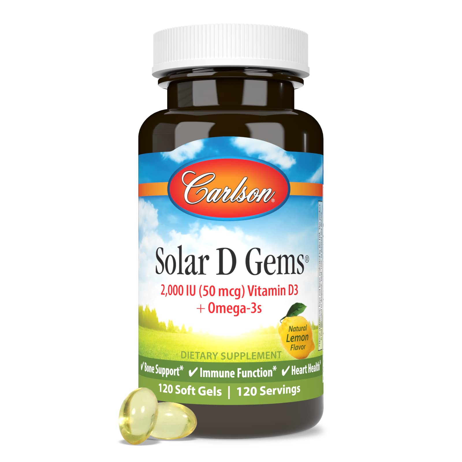 Carlson Solar D Gems softgel capsule close view for everyday vitamin D intake.