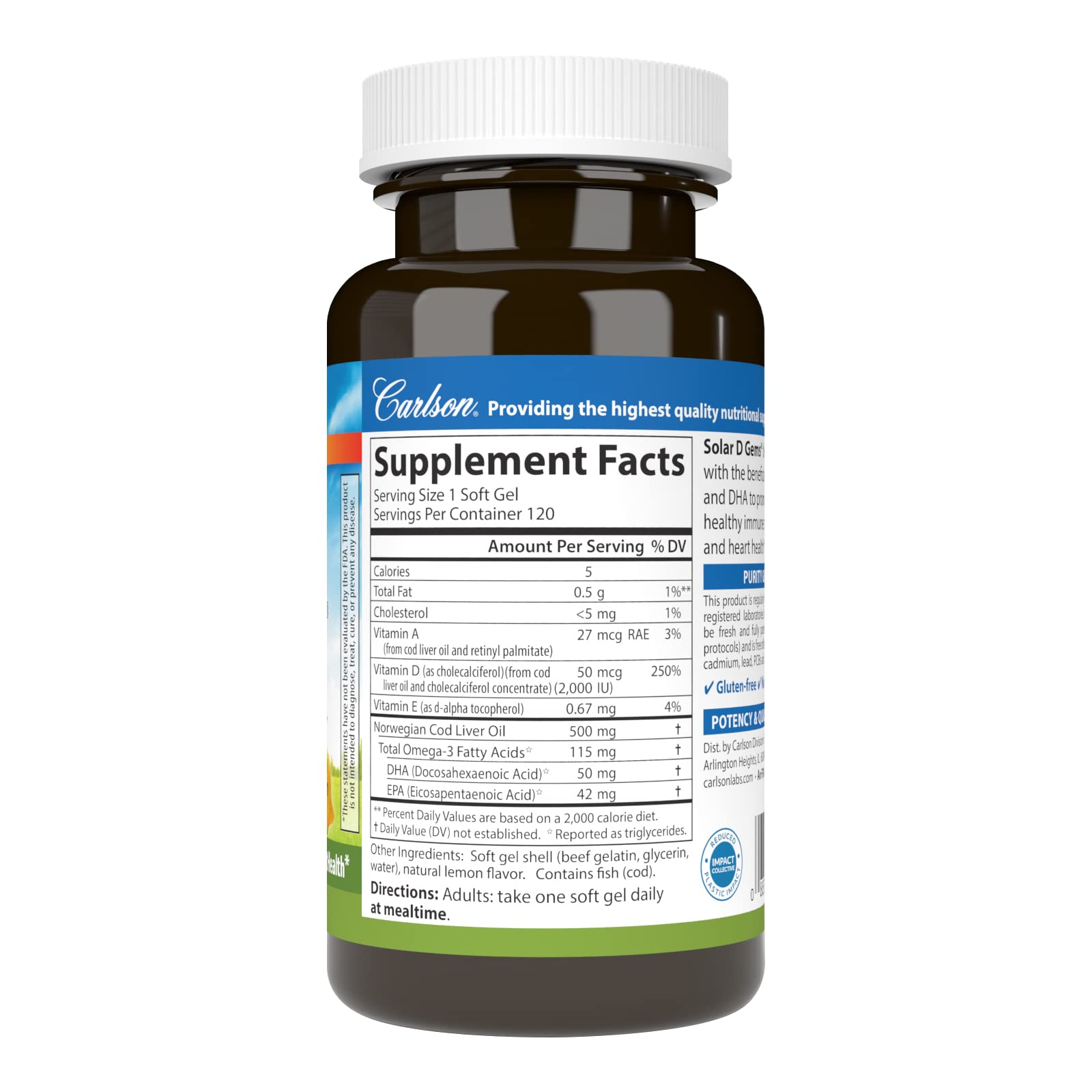 Carlson Solar D Gems softgels close-up highlighting natural vitamin D3 benefits.