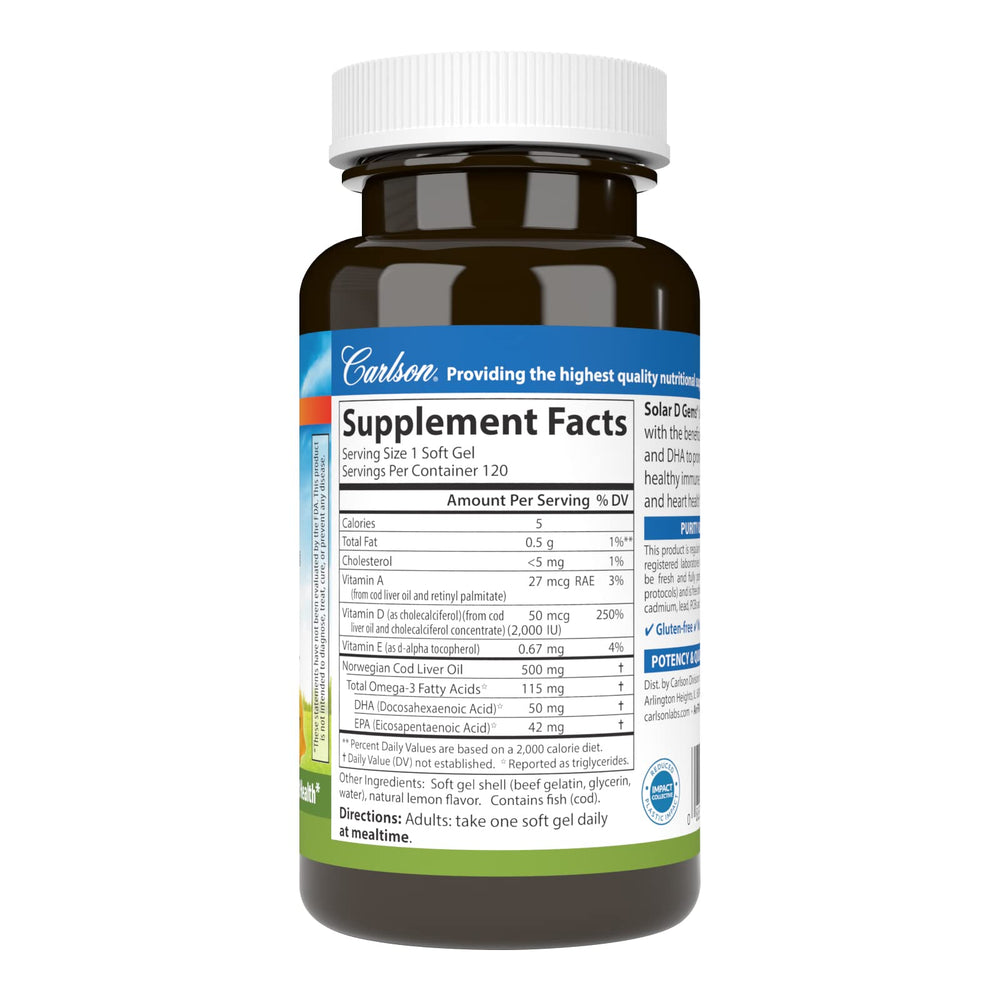 Carlson Solar D Gems softgels close-up highlighting natural vitamin D3 benefits.