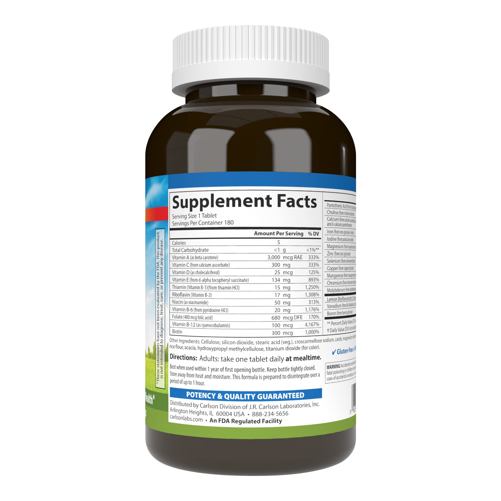 Close-up of Carlson Super 1 Daily tablets highlighting vegetarian formula for daily intake.