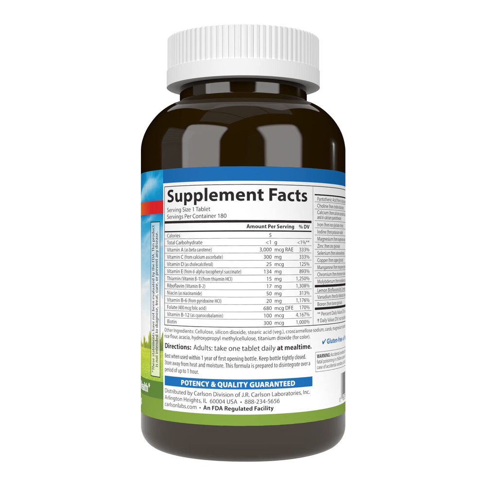 Close-up of Carlson Super 1 Daily tablets highlighting vegetarian formula for daily intake.