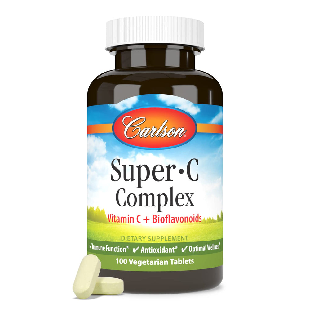 Carlson Super-C bottle with bioflavonoids emphasizes antioxidant ingredients.