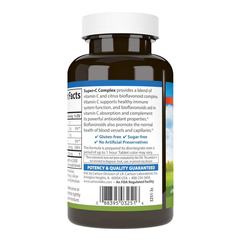Carlson Super-C bottle back label details citrus bioflavonoids.