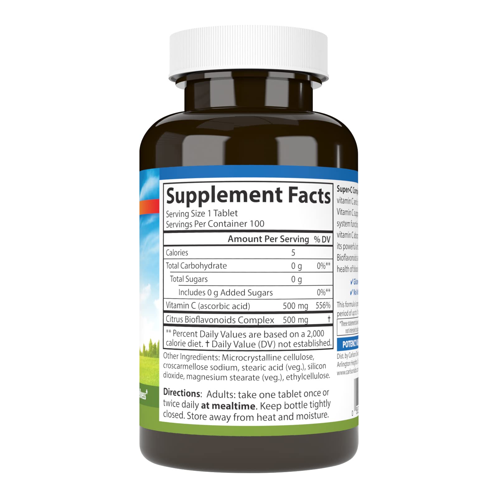 Carlson Super-C tablets close-up highlights vitamin C content for daily wellness.