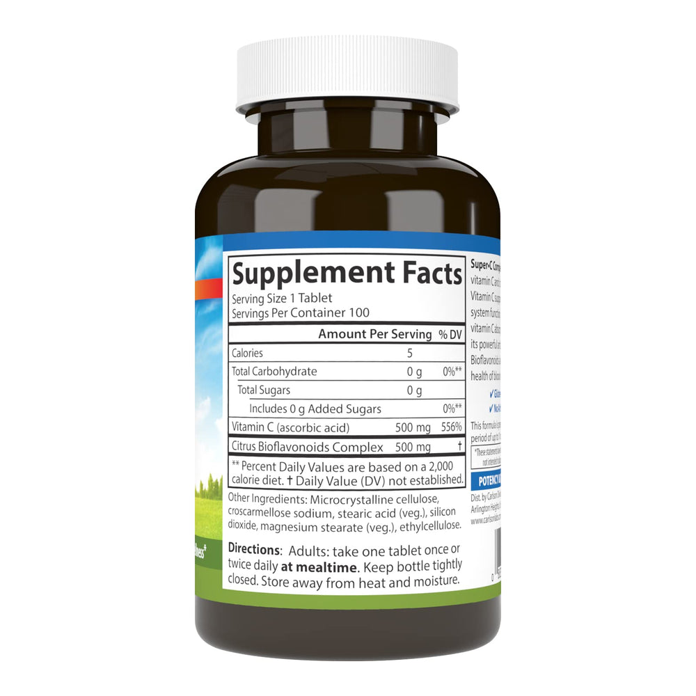 Carlson Super-C tablets close-up highlights vitamin C content for daily wellness.