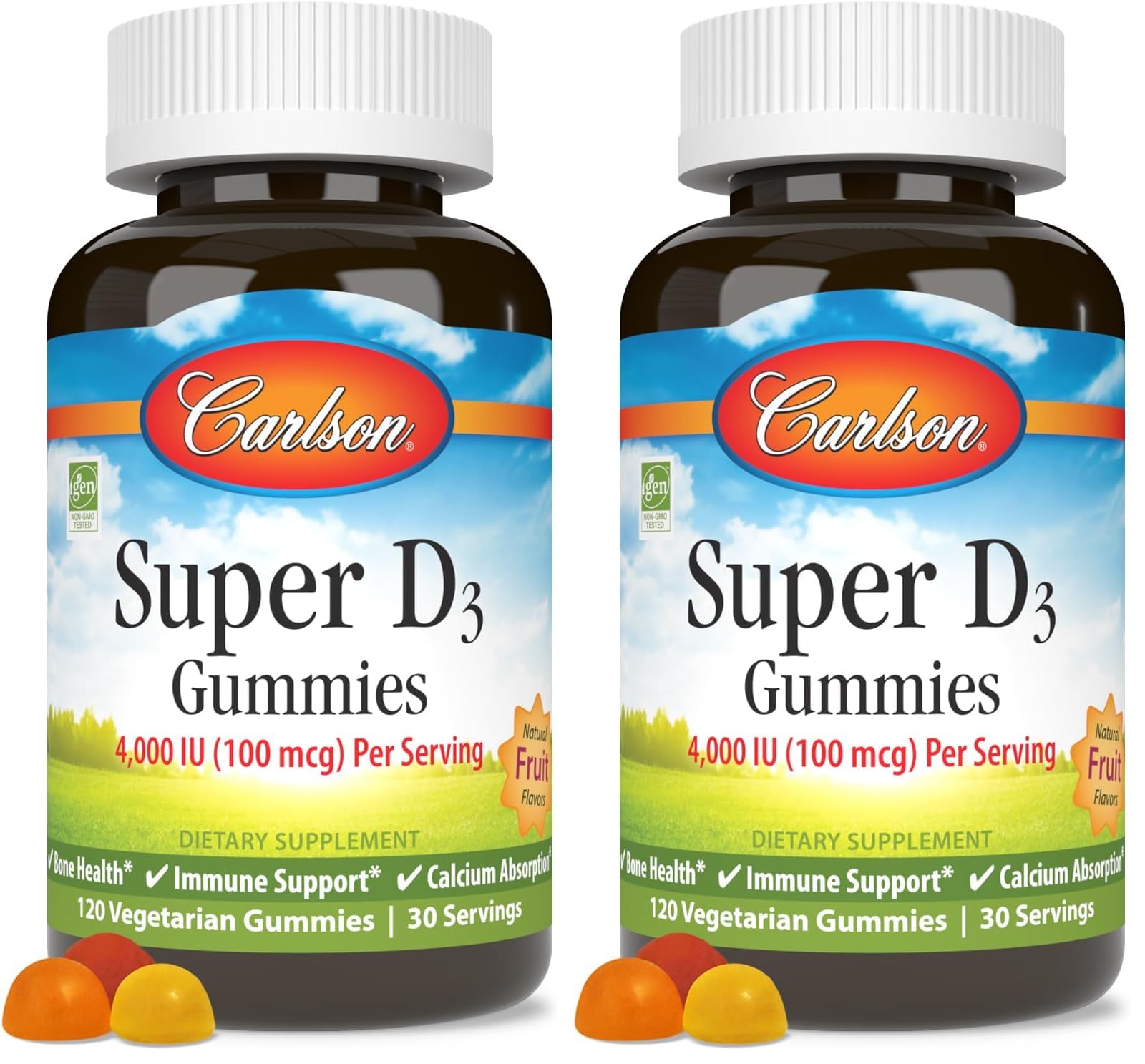 Carlson Super D3 Gummies bottle close-up showing vitamin D3 for bone support