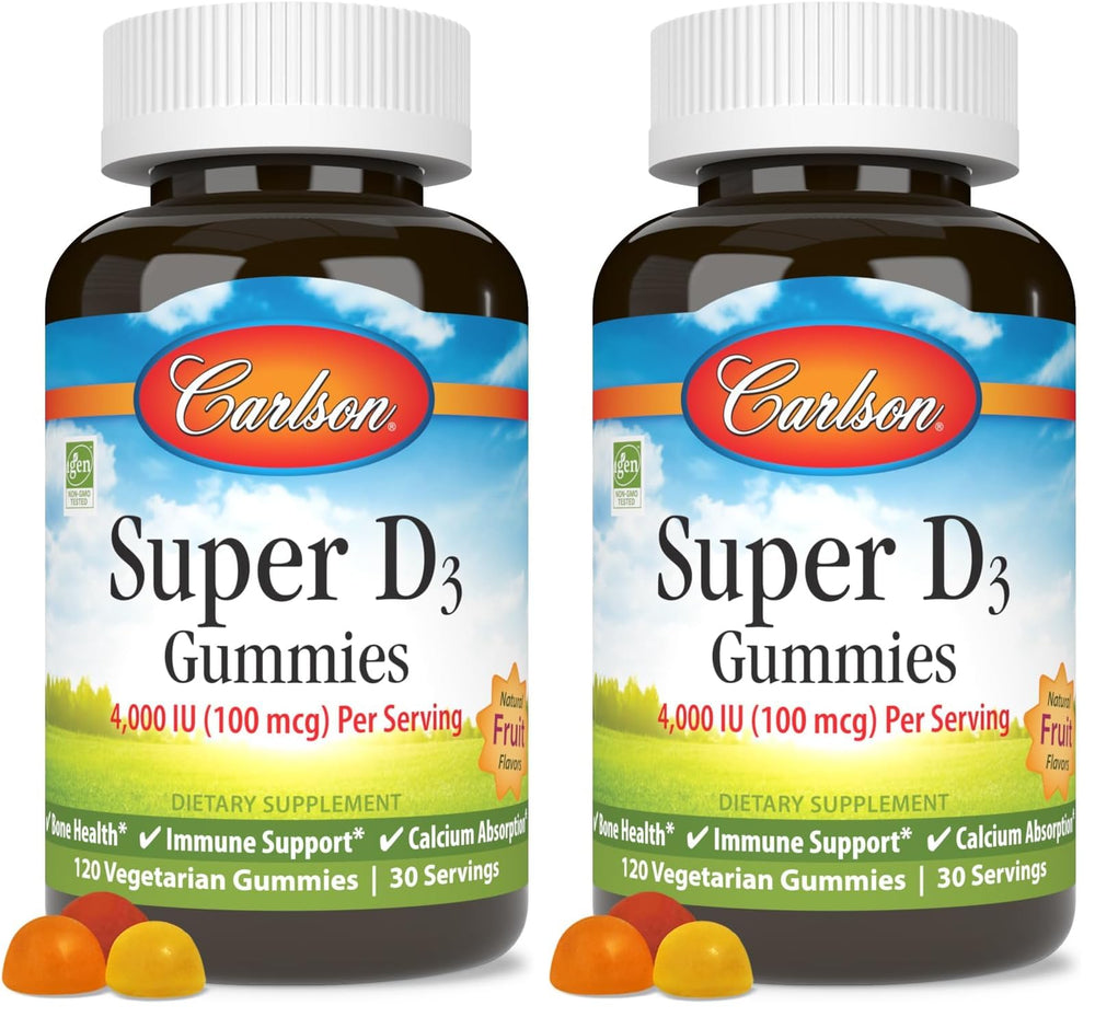 Carlson Super D3 Gummies bottle close-up showing vitamin D3 for bone support