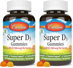 Carlson Super D3 Gummies bottle close-up showing vitamin D3 for bone support