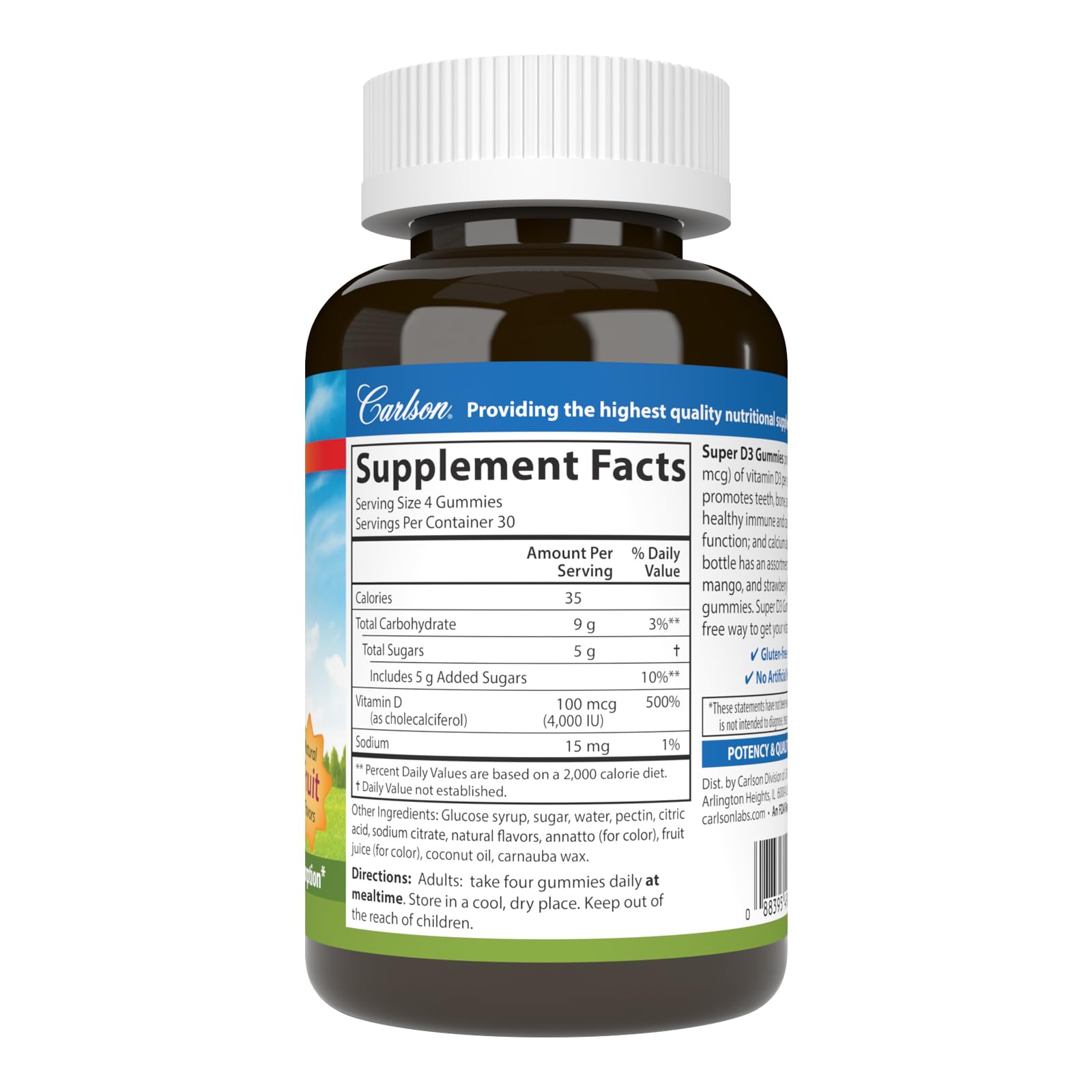 Carlson D3 gummy bottle label highlighting 4,000 IU per gummy