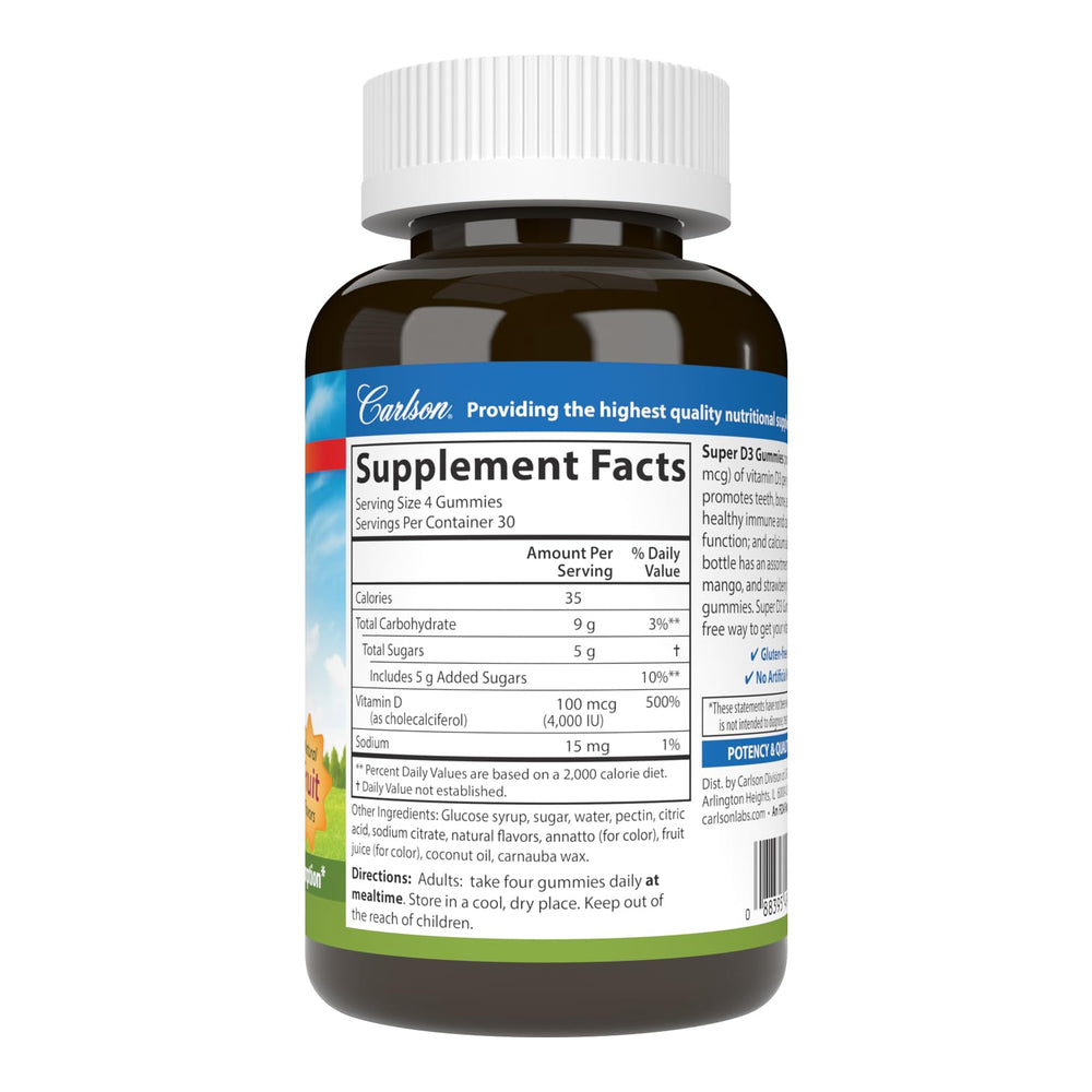 Carlson D3 gummy bottle label highlighting 4,000 IU per gummy