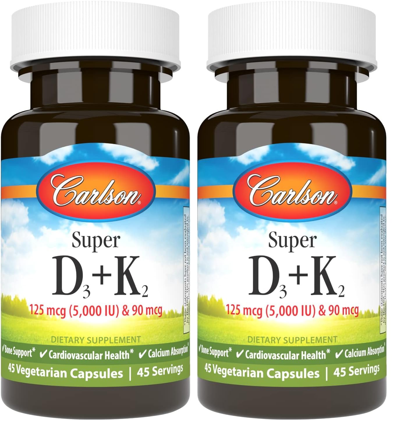 Carlson Super D3 K2 bottle front with D3 5000 IU and K2 90 mcg for bone support.