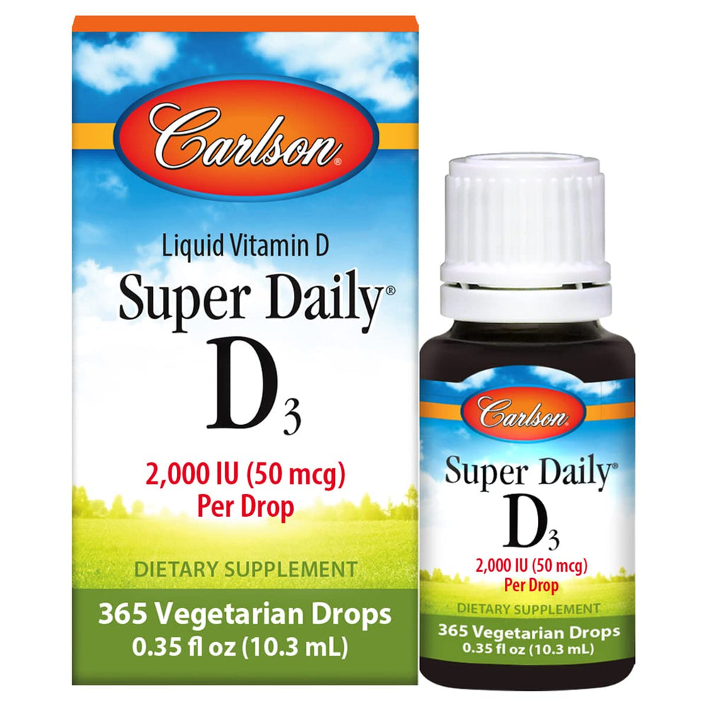 Carlson Super Daily D3 bottle on shelf supports daily wellness with liquid vitamin D3