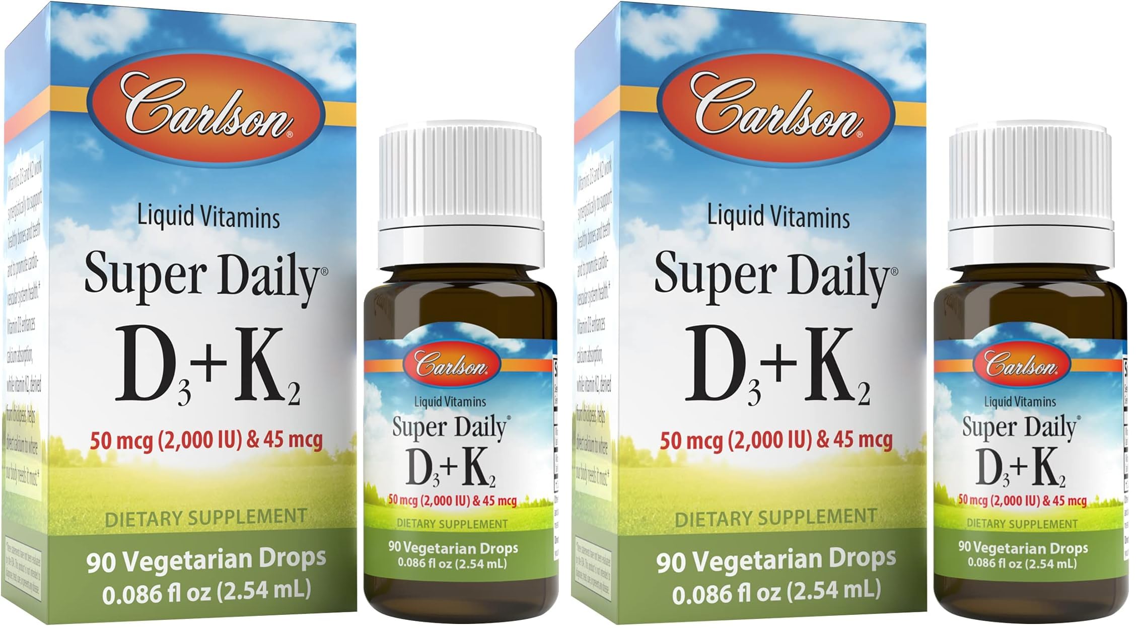 Carlson Super Daily D3 + K2 bottle drops shown for easy daily dosing